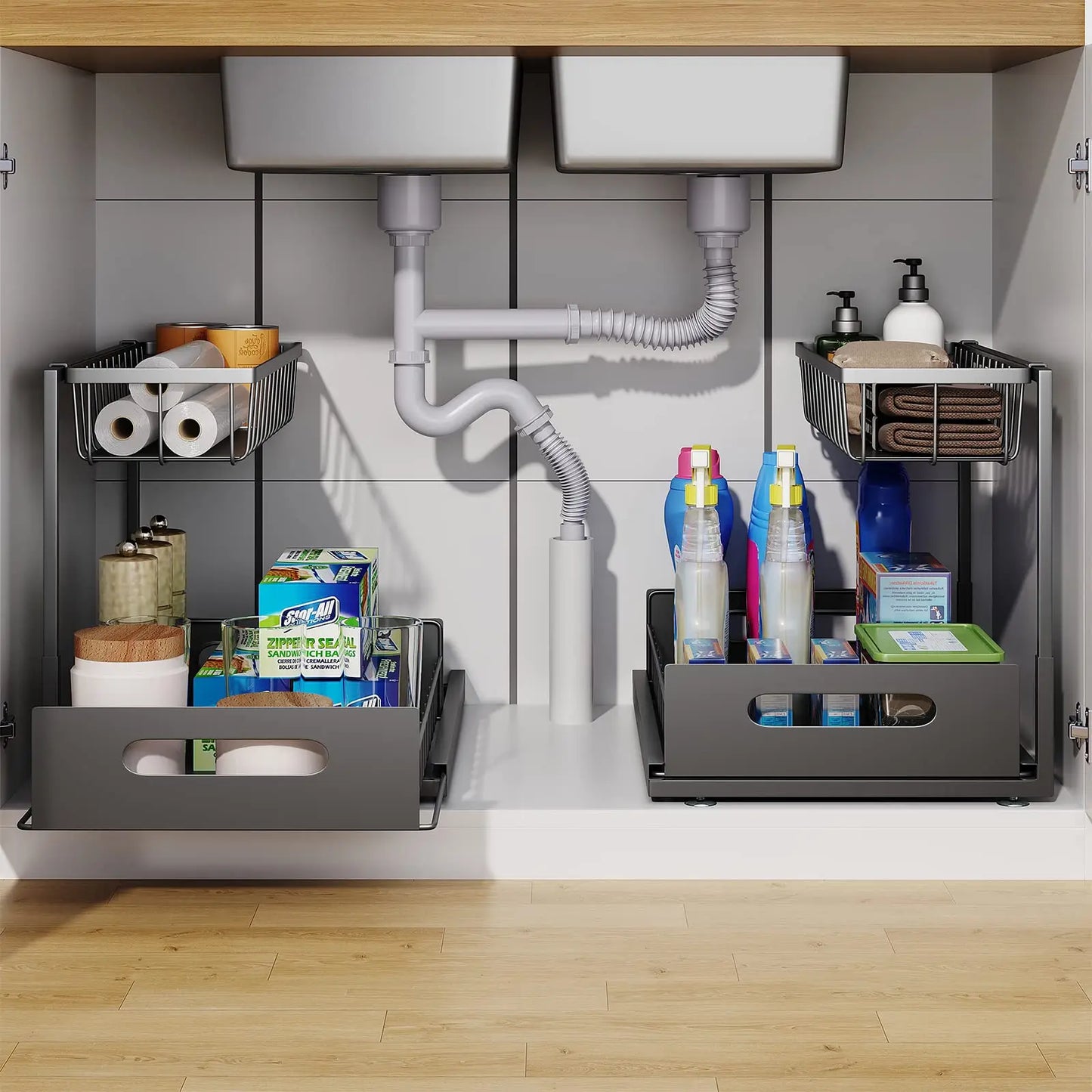 Space Saving 2 Tier Under Sink Storage Cabinet