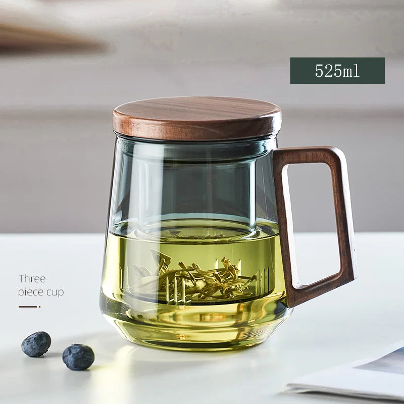 Insulated Wooden Handle Glass Tea Infuser Mug Set
