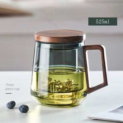 Insulated Wooden Handle Glass Tea Infuser Mug Set
