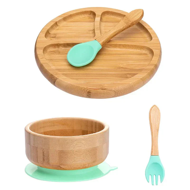 Natural Bamboo Baby Tableware Set with Suction Base