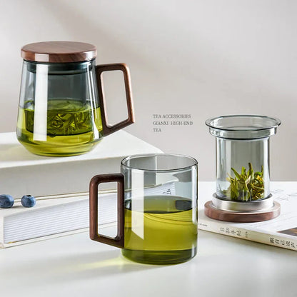 Insulated Wooden Handle Glass Tea Infuser Mug Set - Luxicro
