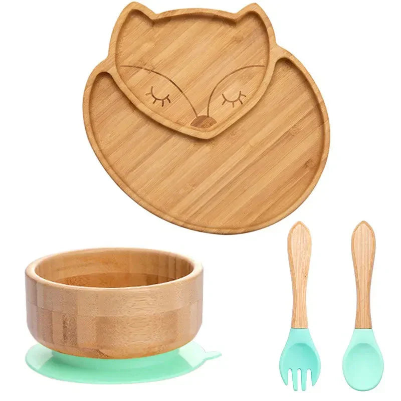 Natural Bamboo Baby Tableware Set with Suction Base