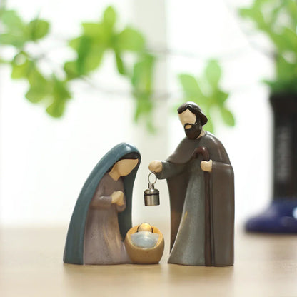 Christmas LED Lantern Figurines Holy Family Resin Decor