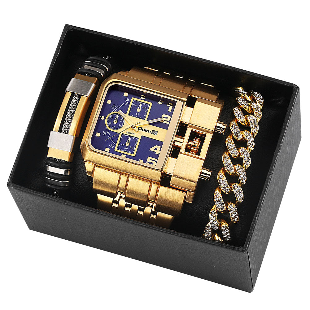 Big Display Leather Strap Men's Quartz Watch Set