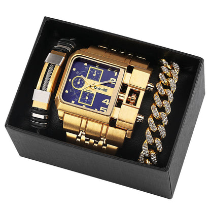 Big Display Leather Strap Men's Quartz Watch Set