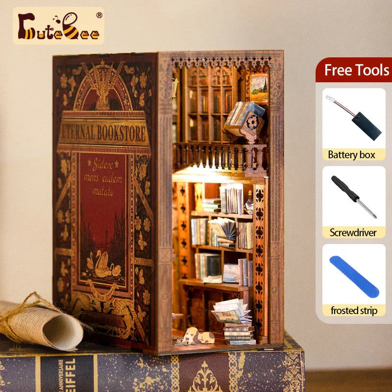 Mini Wooden Dollhouse Book Shelf Kit Cozy Library Decor - Luxicro