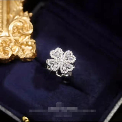 Sparkling Floral Zircon Clover Ring