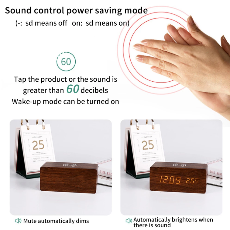 Smart Wood Digital Alarm Clock Wireless Charging Pad