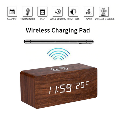 Smart Wood Digital Alarm Clock Wireless Charging Pad