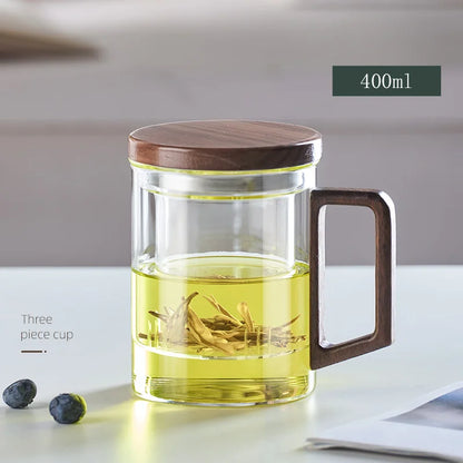 Insulated Wooden Handle Glass Tea Infuser Mug Set