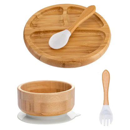 Natural Bamboo Baby Tableware Set with Suction Base