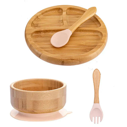 Natural Bamboo Baby Tableware Set with Suction Base