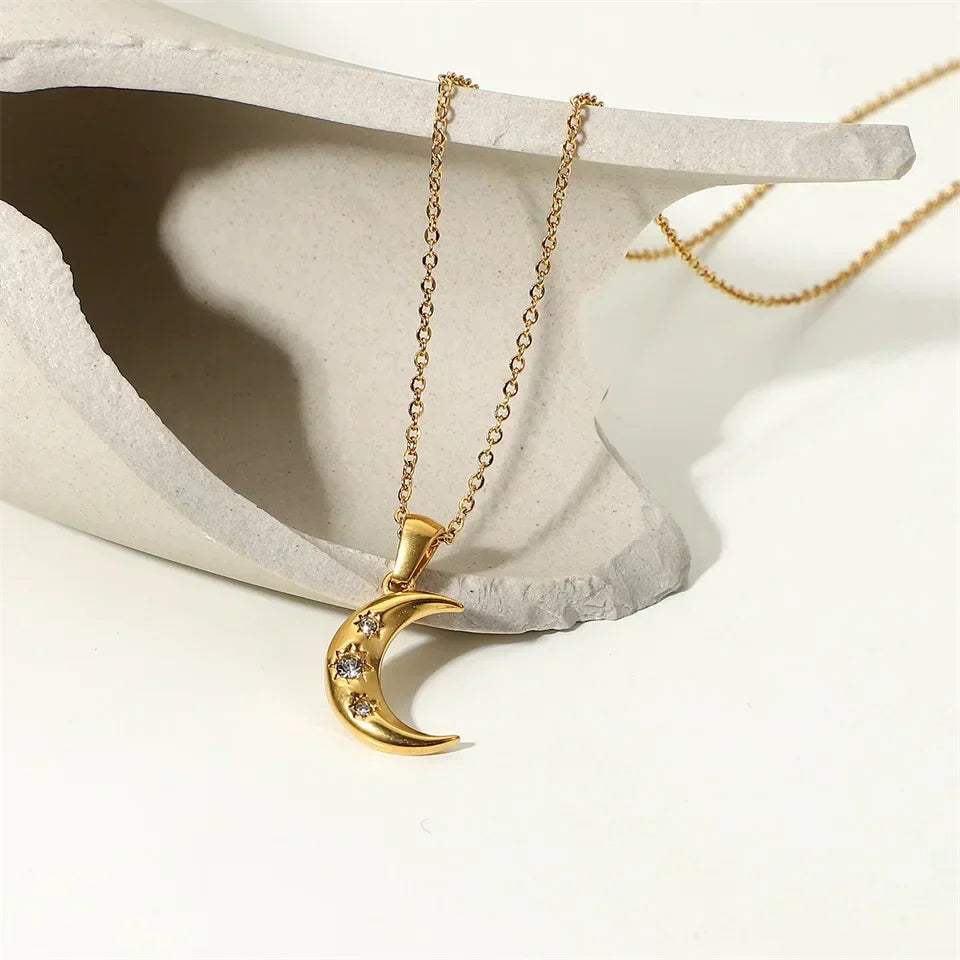 Elegant Silver Crystal Half Moon Necklace