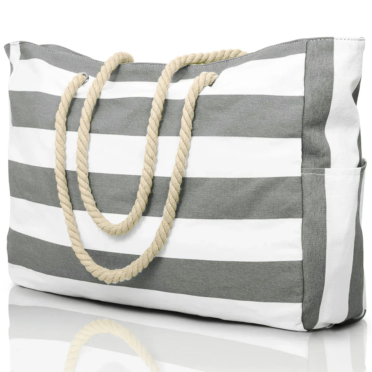 Portable Striped Tote Beach Bag with Zipper Closure