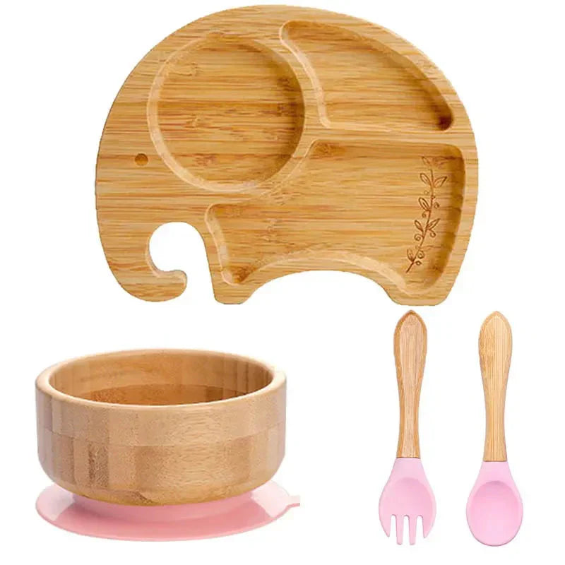 Natural Bamboo Baby Tableware Set with Suction Base