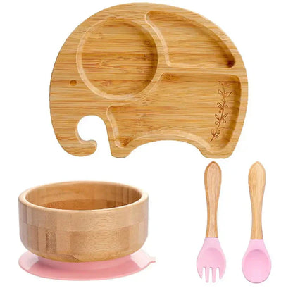 Natural Bamboo Baby Tableware Set with Suction Base