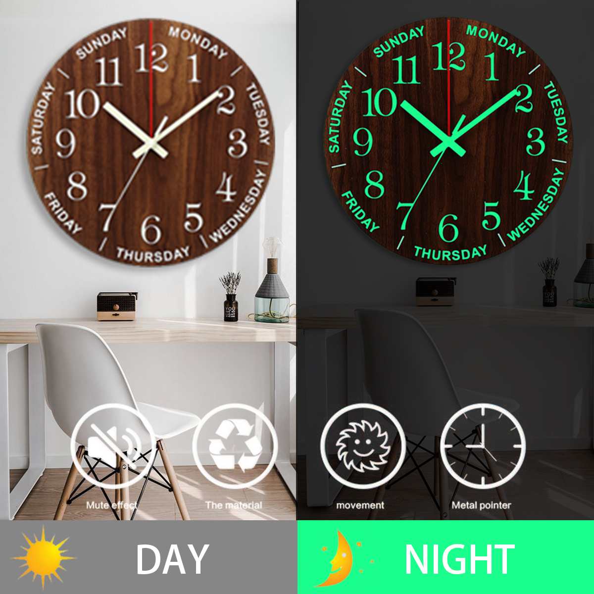 Silent Natural LED Wall Clock