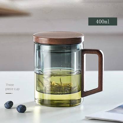 Insulated Wooden Handle Glass Tea Infuser Mug Set