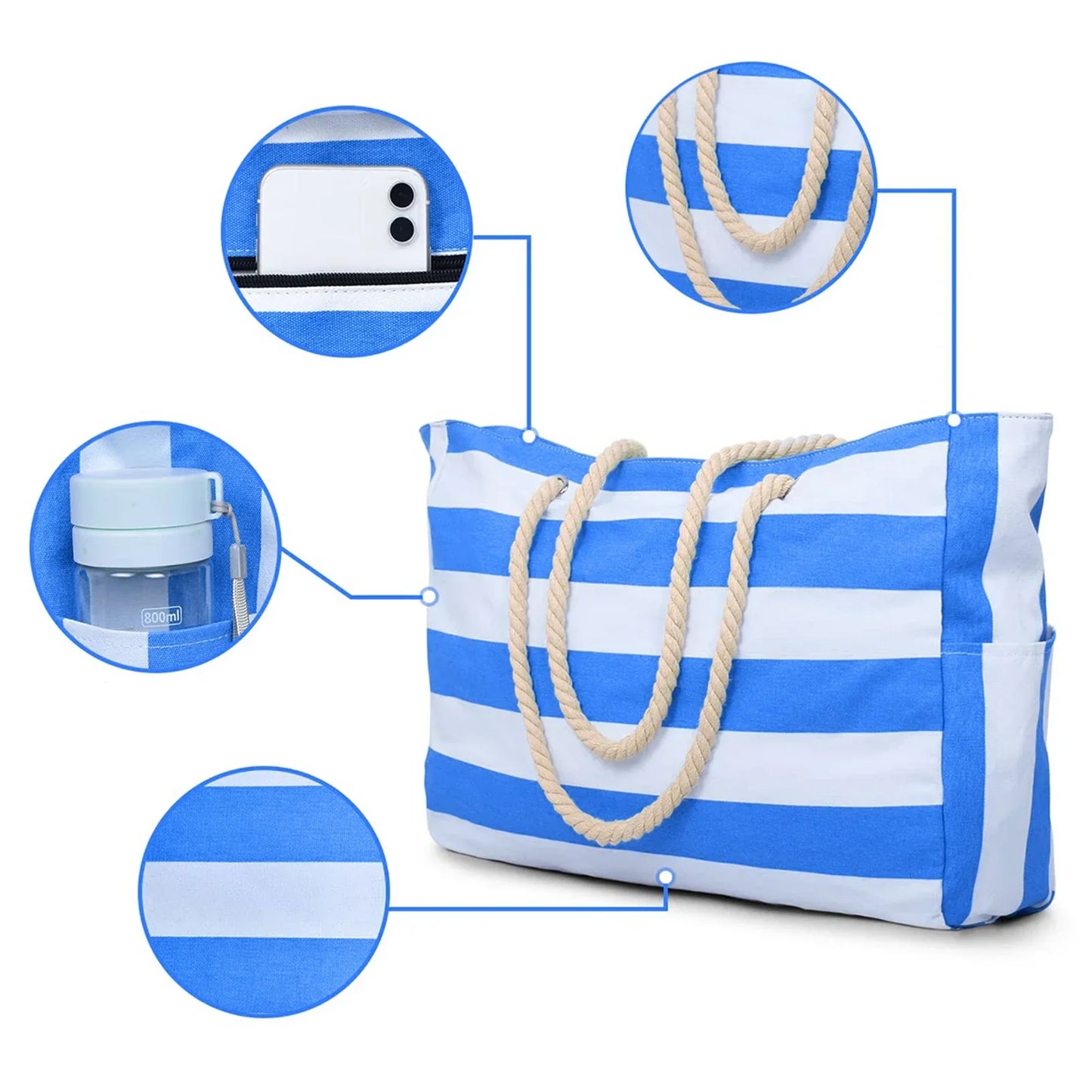 Portable Striped Tote Beach Bag with Zipper Closure