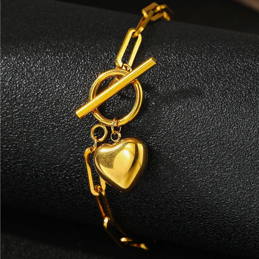 Lovely Heart Charm Paperclip Bangle