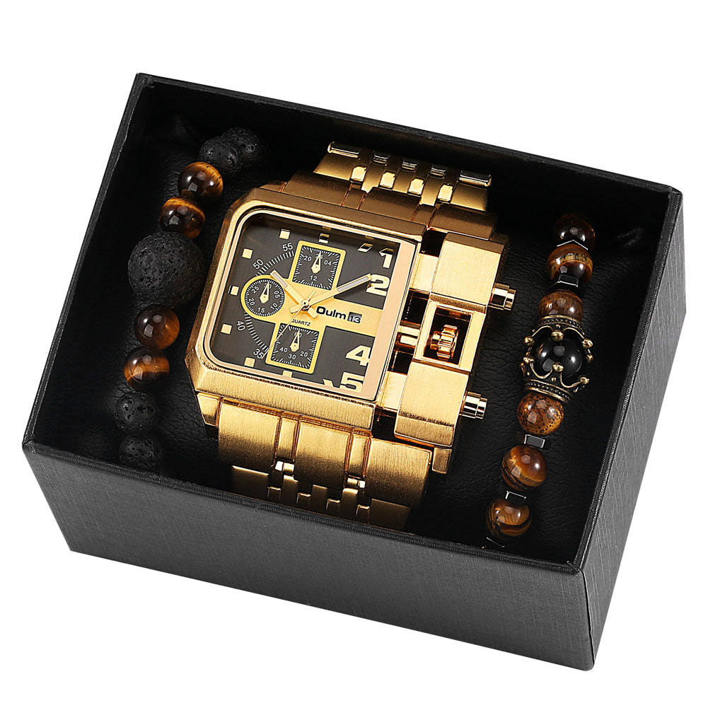 Big Display Leather Strap Men's Quartz Watch Set