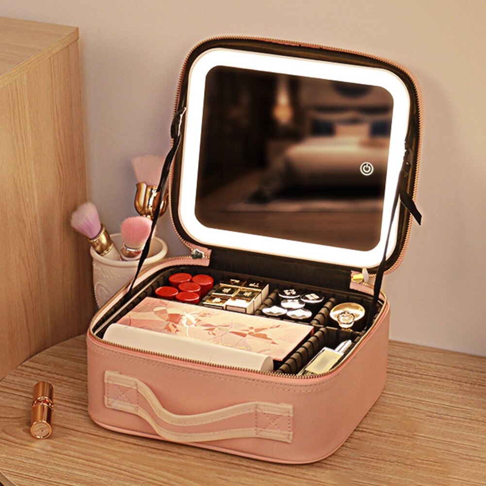 Compact Travel Makeup Organizer with LED Light & Mirror