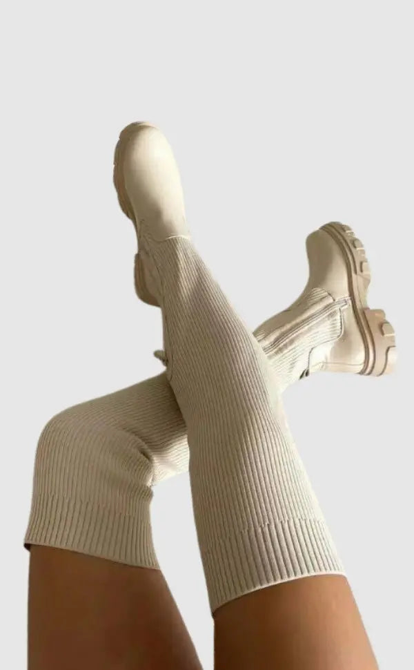 Stretchy Ribbed Knee High Knit Boots - Luxicro