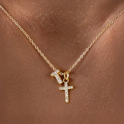 Dainty Monogram and Cross Diamond Chain Necklace
