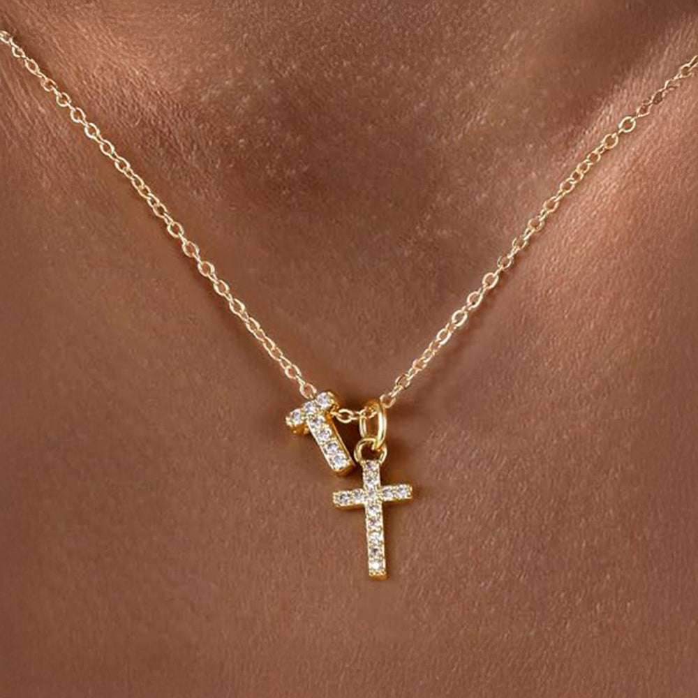 Dainty Monogram and Cross Diamond Necklace