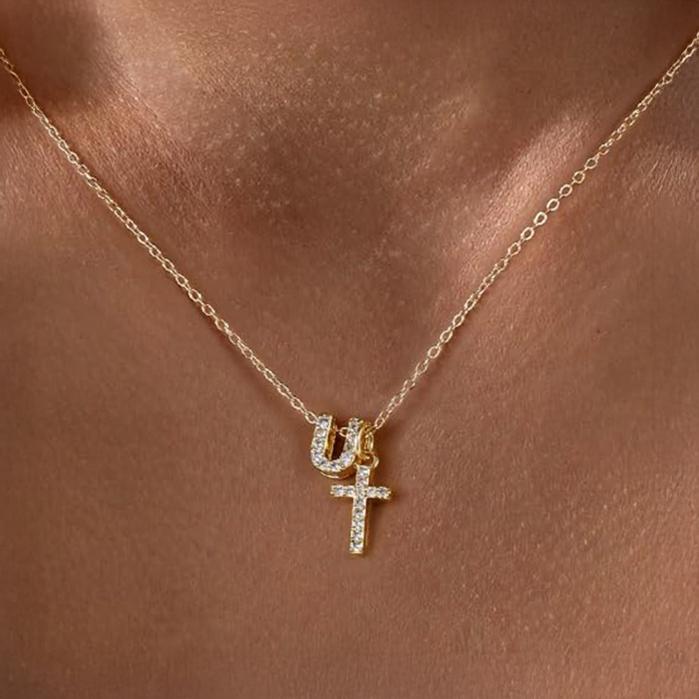 Dainty Monogram and Cross Diamond Chain Necklace