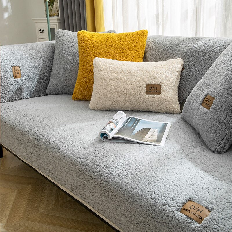 Plush Sofa Slipcover Set with Grip Mat and Pillow Covers