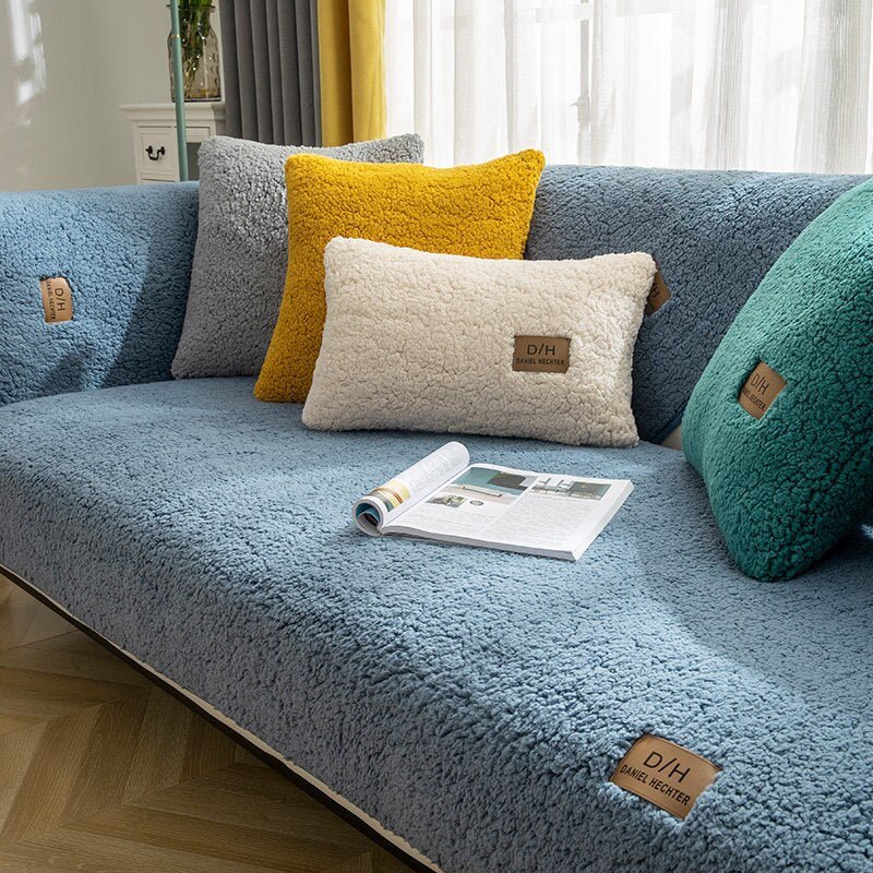 Plush Sofa Slipcover Set with Grip Mat and Pillow Covers