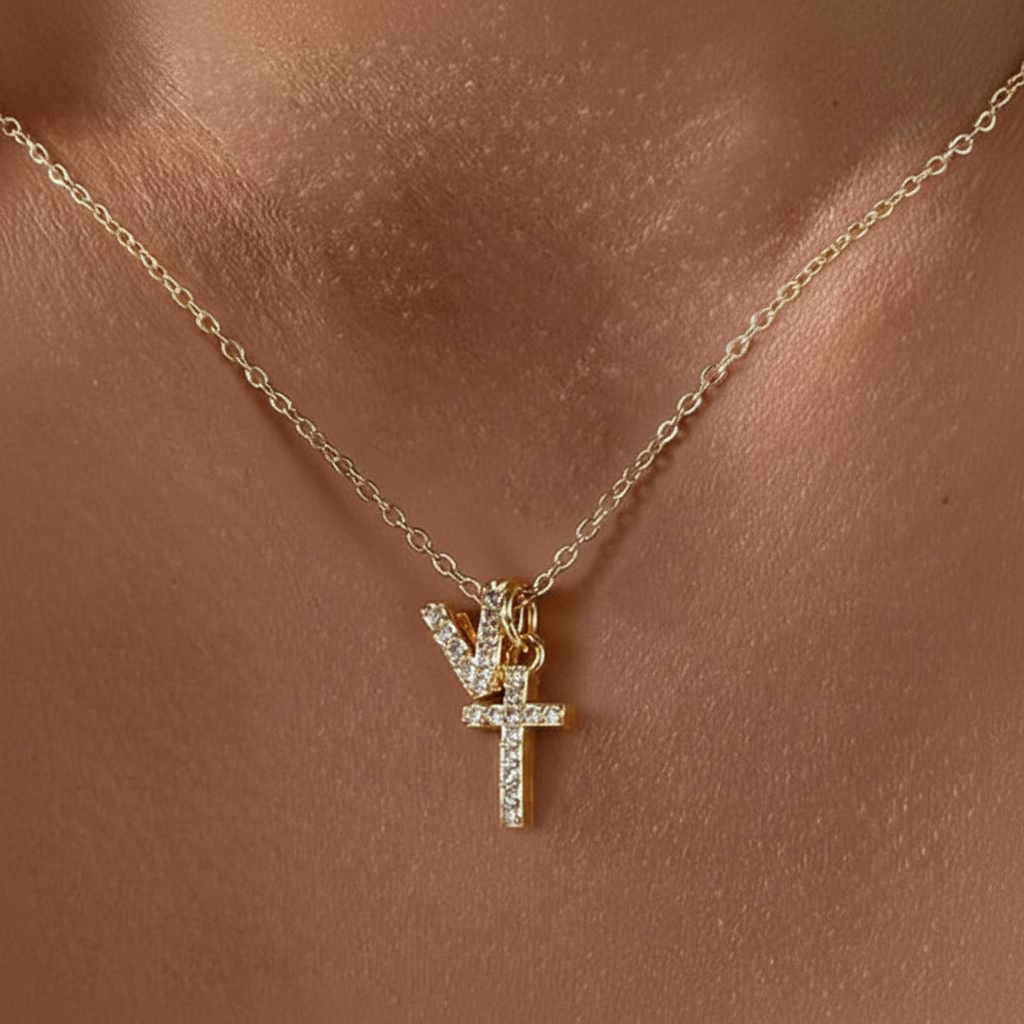 Delicate Diamond Letter & Cross Pendant Necklace
