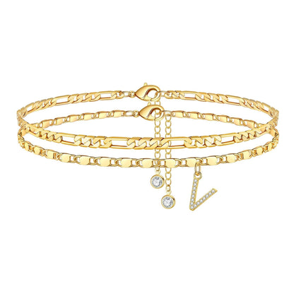 Personalized 14k Gold Initial Charm Anklet Set
