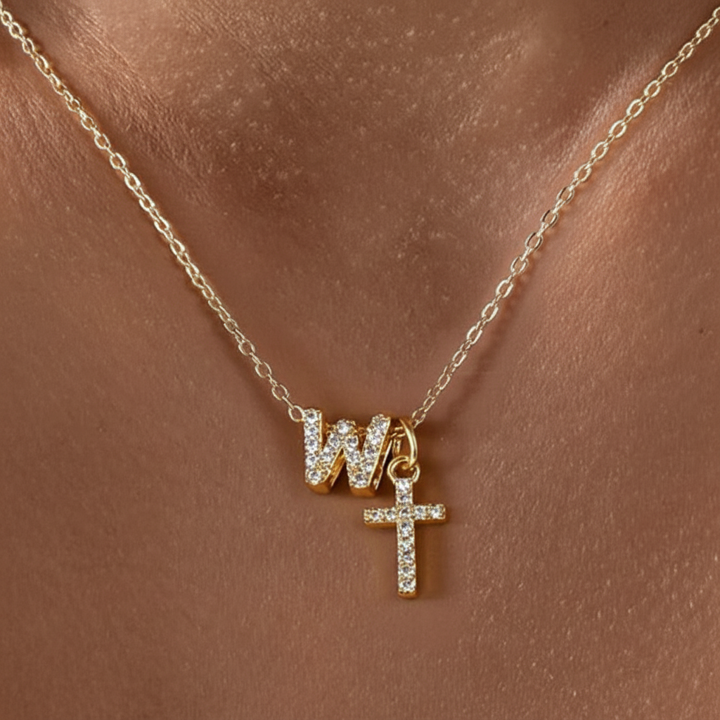 Delicate Diamond Letter & Cross Pendant Necklace