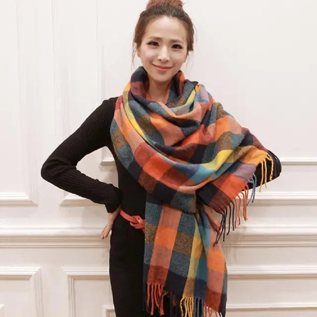 Cozy Plaid Scarf Faux Fur Winter Wrap