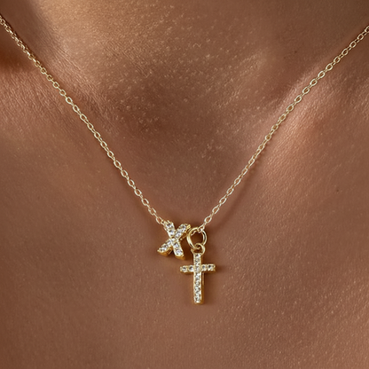 Dainty Monogram and Cross Diamond Chain Necklace