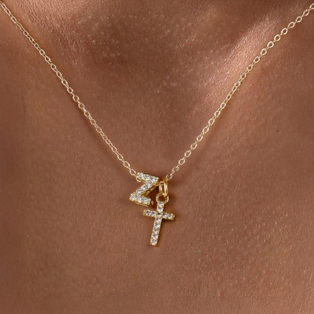Dainty Monogram and Cross Diamond Chain Necklace