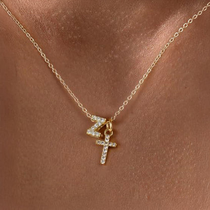 Delicate Diamond Letter & Cross Pendant Necklace