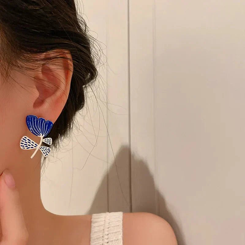 Beautiful Navy Blossom Dangle Earrings