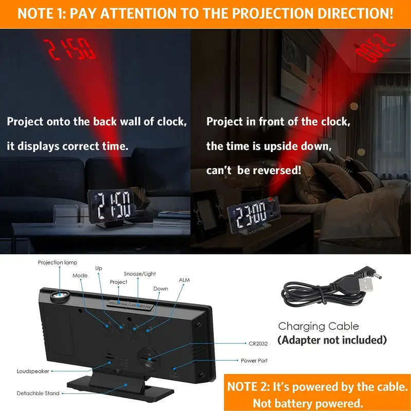 Adjustable LED Projection Clock with Temperature Display