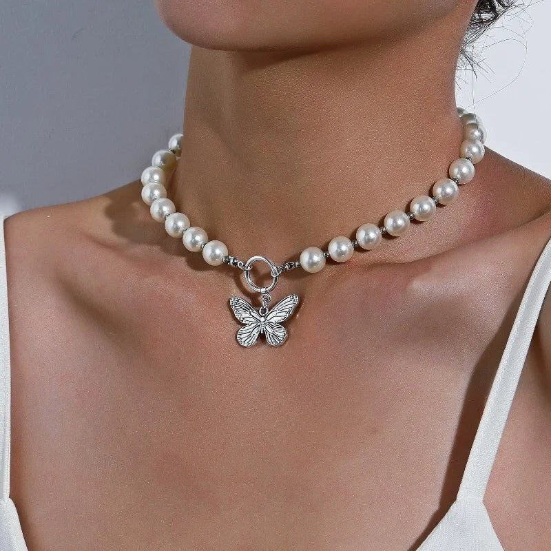 Dainty White Pearl Layered Chain Choker Necklace - Luxicro