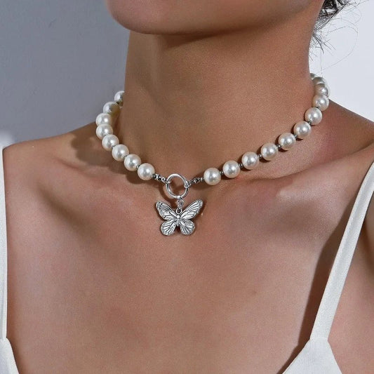 Dainty White Pearl Layered Chain Choker Necklace - Luxicro