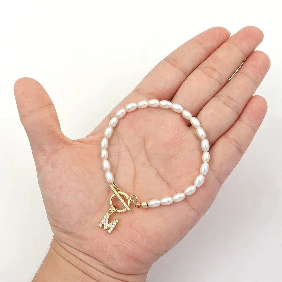 Luxurious Initial Pearl Beaded Charm Bracelet