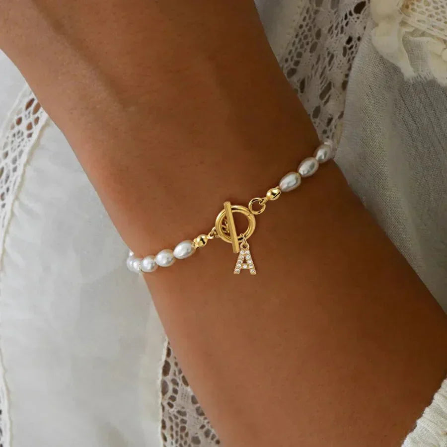 Luxurious Initial Pearl Beaded Charm Bracelet - Luxicro