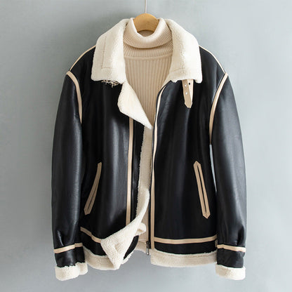 Cozy Faux Leather Biker Jacket with Shearling Lining
