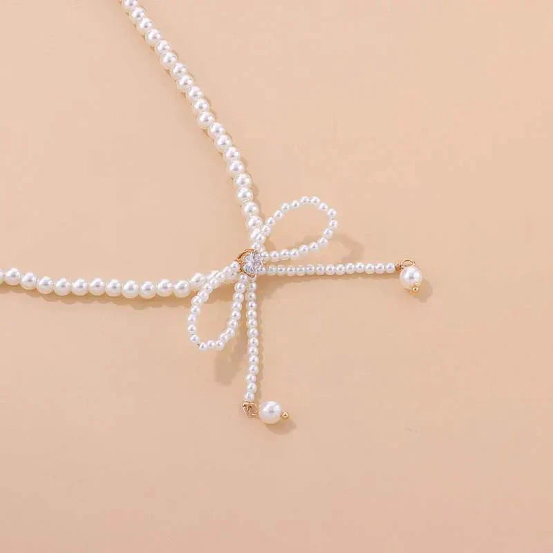 Dainty Pearl Bead Bow Choker Necklace