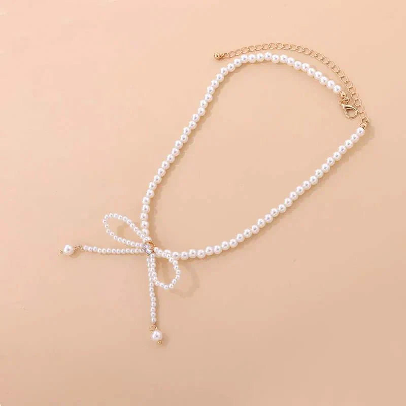 Dainty Pearl Bead Bow Choker Necklace