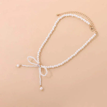 Dainty Pearl Bead Bow Choker Necklace