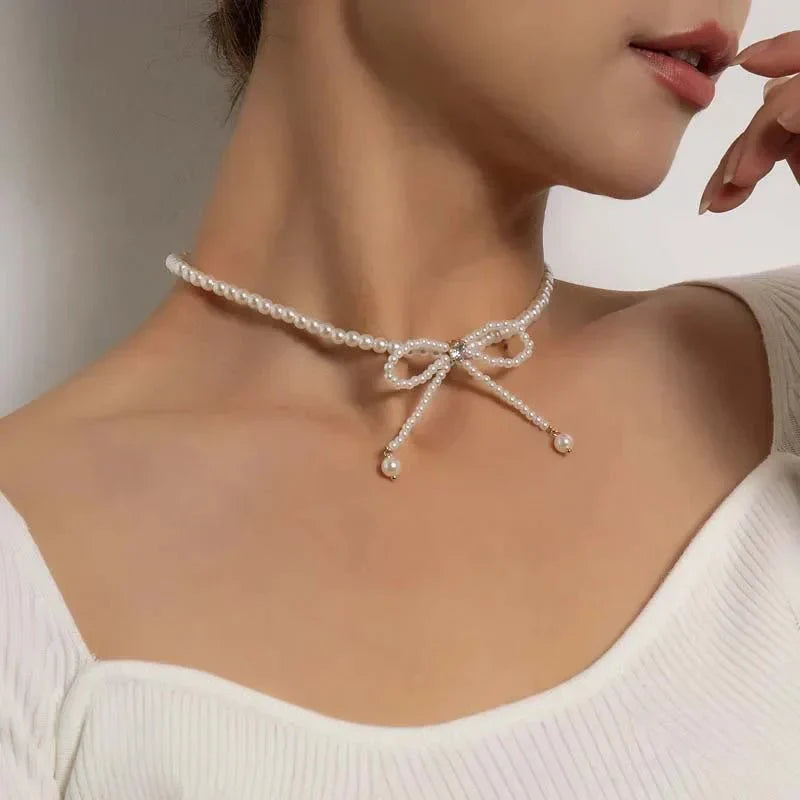 Dainty Pearl Bead Bow Choker Necklace
